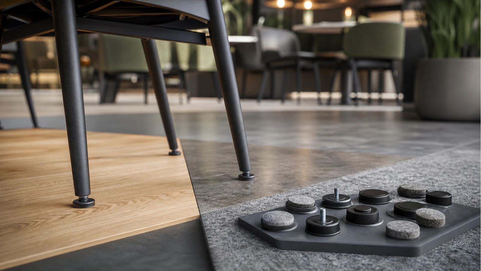 Professionelles redaktionelles Titelbild zum Beitrag: Verschleißteil Stuhlgleiter: Systematische Materialwahl für Bodenschutz und Akustik in der Gastronomie